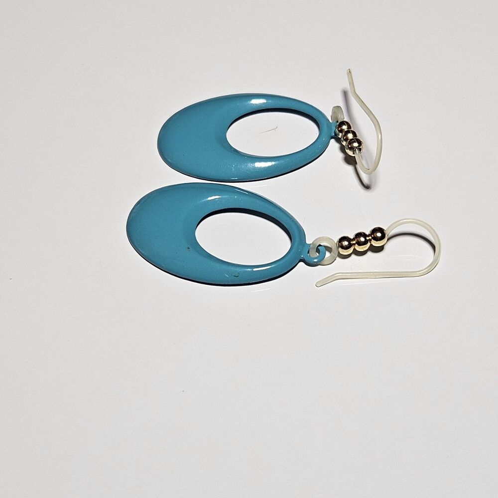 Blue Enamel Metal Dangling Ovals With Gold Bead Accent Earrings - Picture 10 of 11